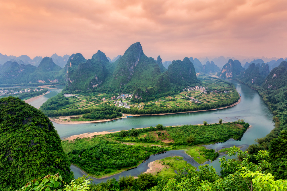 Huangshan National Park rugged mountains with rolling clouds