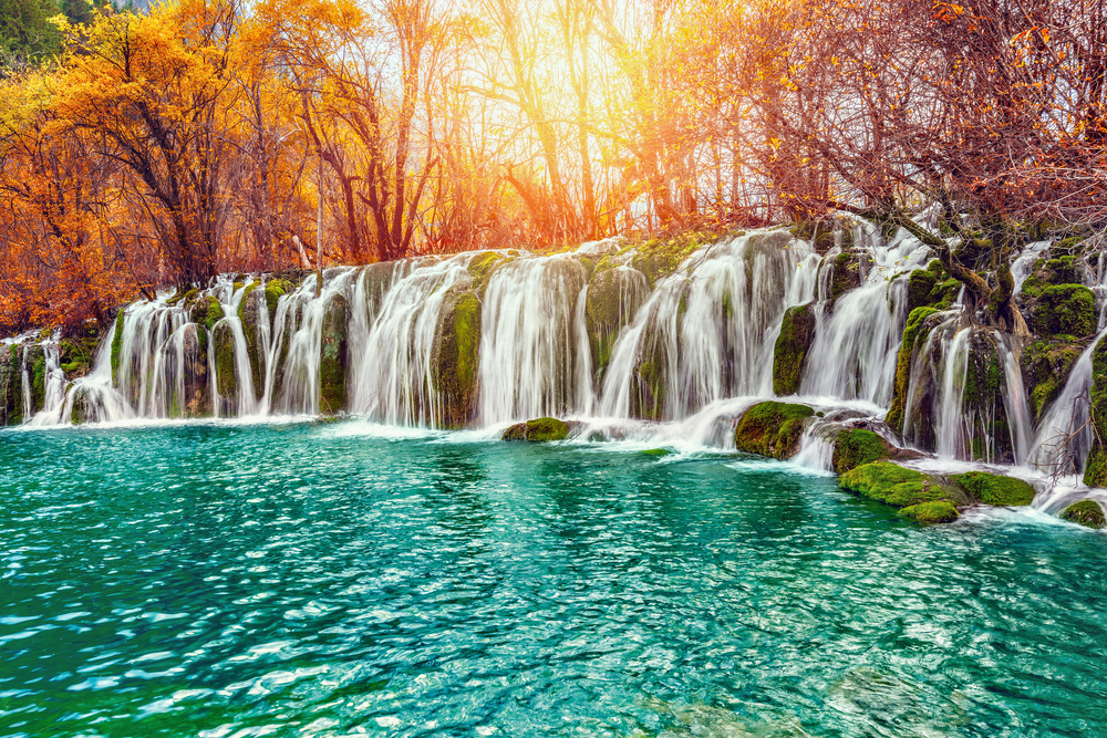 Jiuzhaigou National Park Five FLower Lake with fall foliage