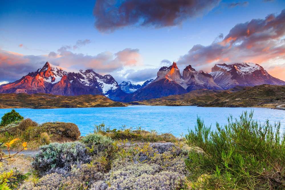 Torres del Paine National Park lake and pink sunset