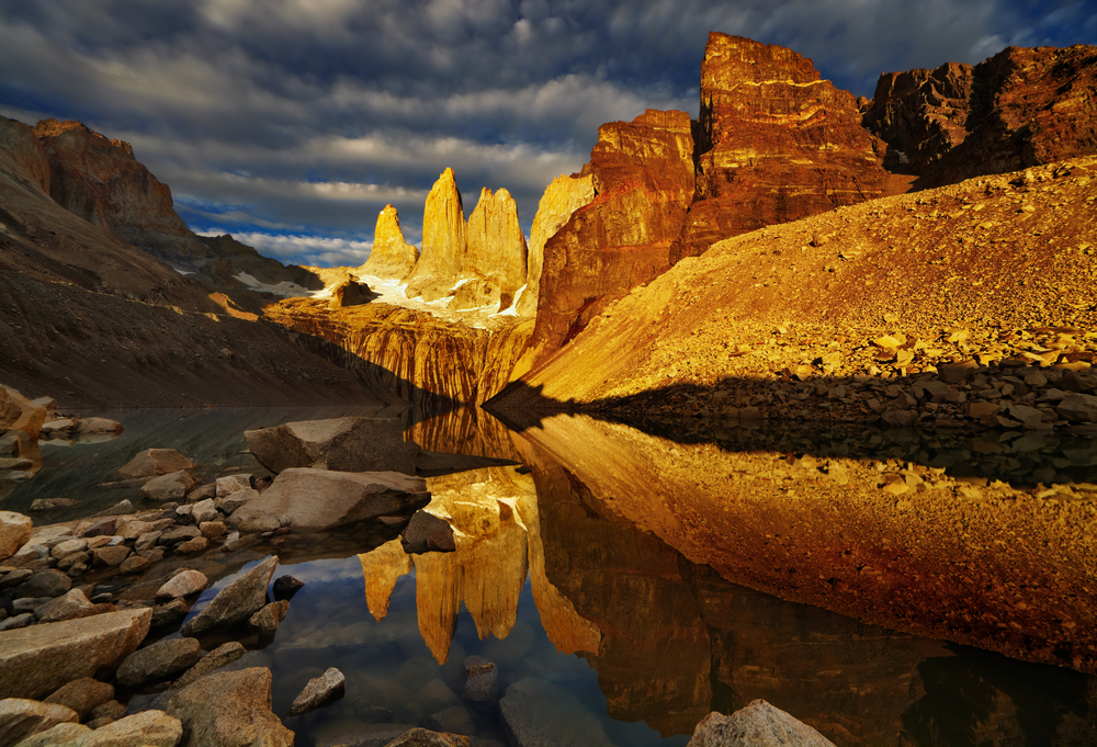 Torres del Paine National Park towers reflection with sunset